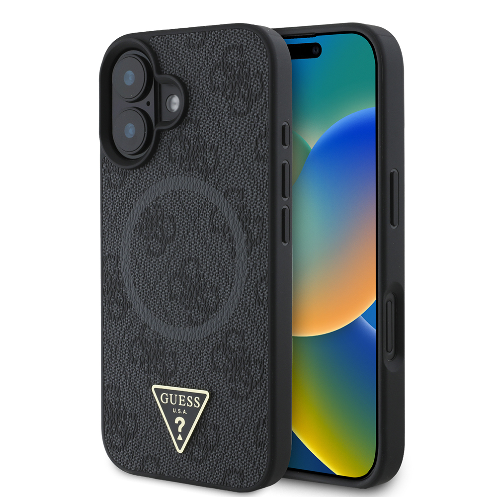 Apple iPhone 16 Kılıf Guess Orjinal Lisanslı M-safe Şarj Özellikli PU Üçgen Logo 4G Desenli Kapak