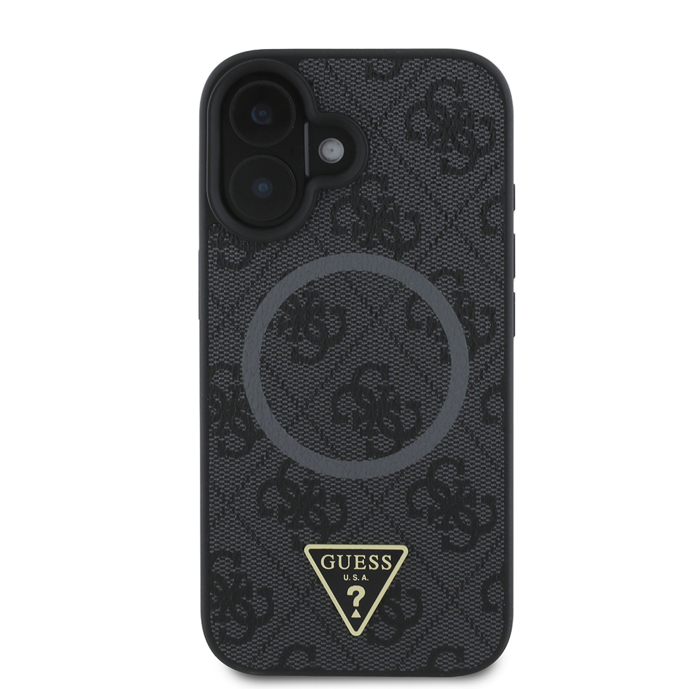 Apple iPhone 16 Kılıf Guess Orjinal Lisanslı M-safe Şarj Özellikli PU Üçgen Logo 4G Desenli Kapak