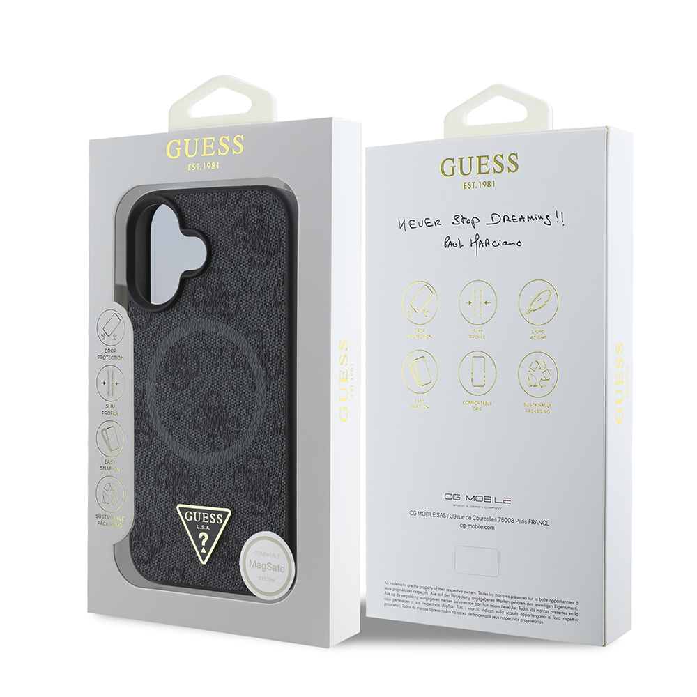 Apple iPhone 16 Kılıf Guess Orjinal Lisanslı M-safe Şarj Özellikli PU Üçgen Logo 4G Desenli Kapak