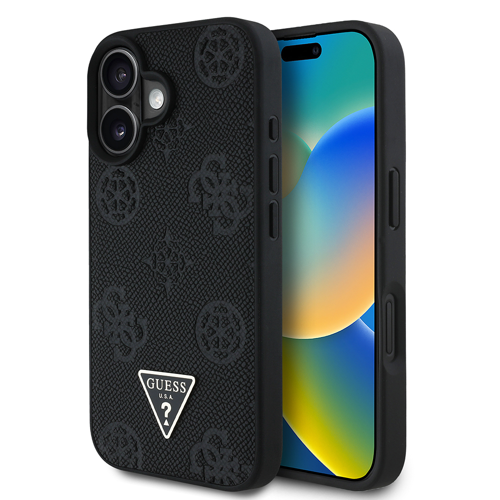 Apple iPhone 16 Kılıf Guess Orjinal Lisanslı M-safe Şarj Özellikli Sıcak Baskılı Üçgen Logolu PU Deri Peony Kapak