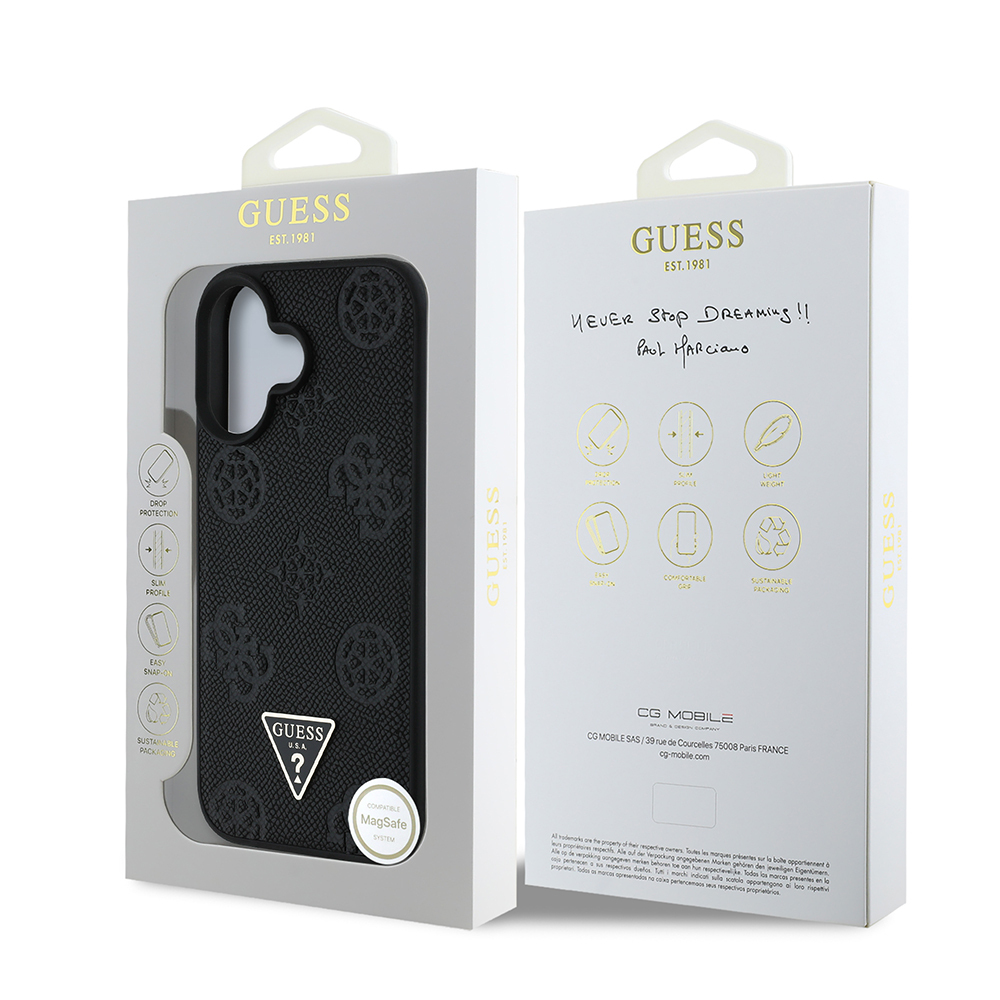 Apple iPhone 16 Kılıf Guess Orjinal Lisanslı M-safe Şarj Özellikli Sıcak Baskılı Üçgen Logolu PU Deri Peony Kapak