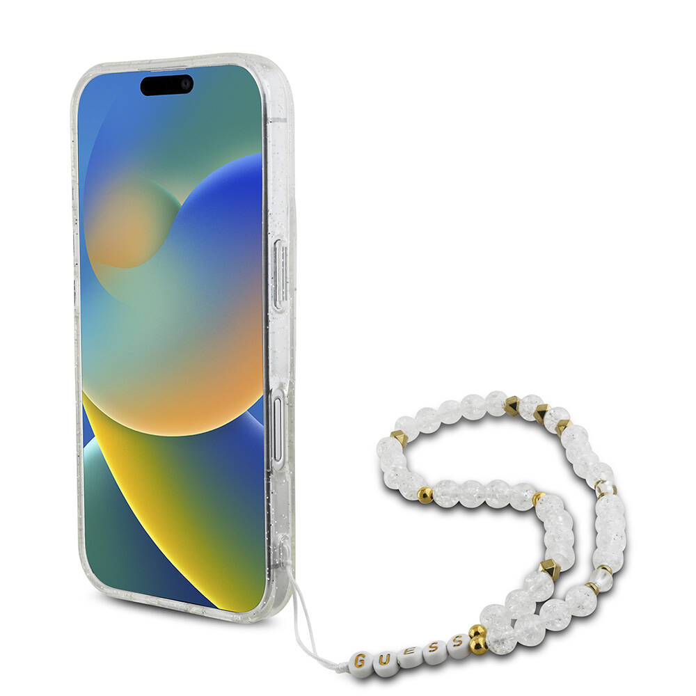 Apple iPhone 16 Kılıf Guess Orjinal Lisanslı M-safe Şarj Özellikli Simli Silikon İnci Bileklikli Kapak