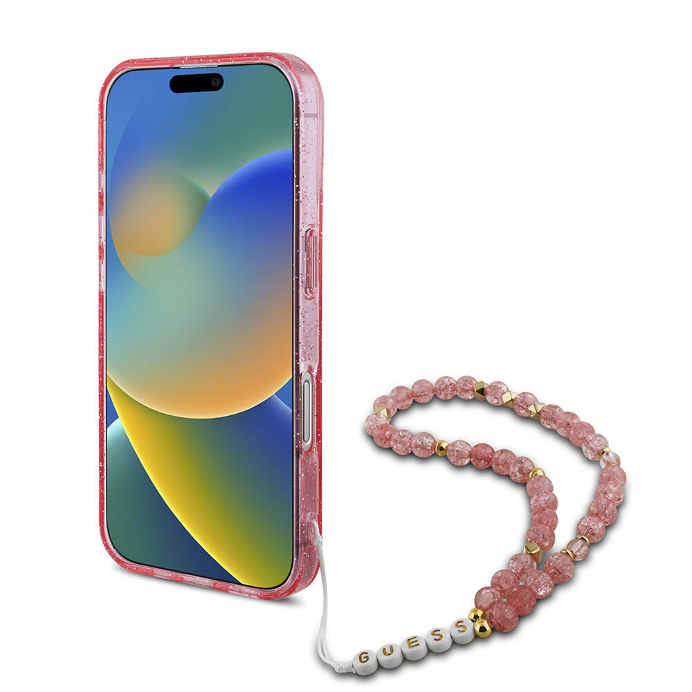 Apple iPhone 16 Kılıf Guess Orjinal Lisanslı M-safe Şarj Özellikli Simli Silikon İnci Bileklikli Kapak