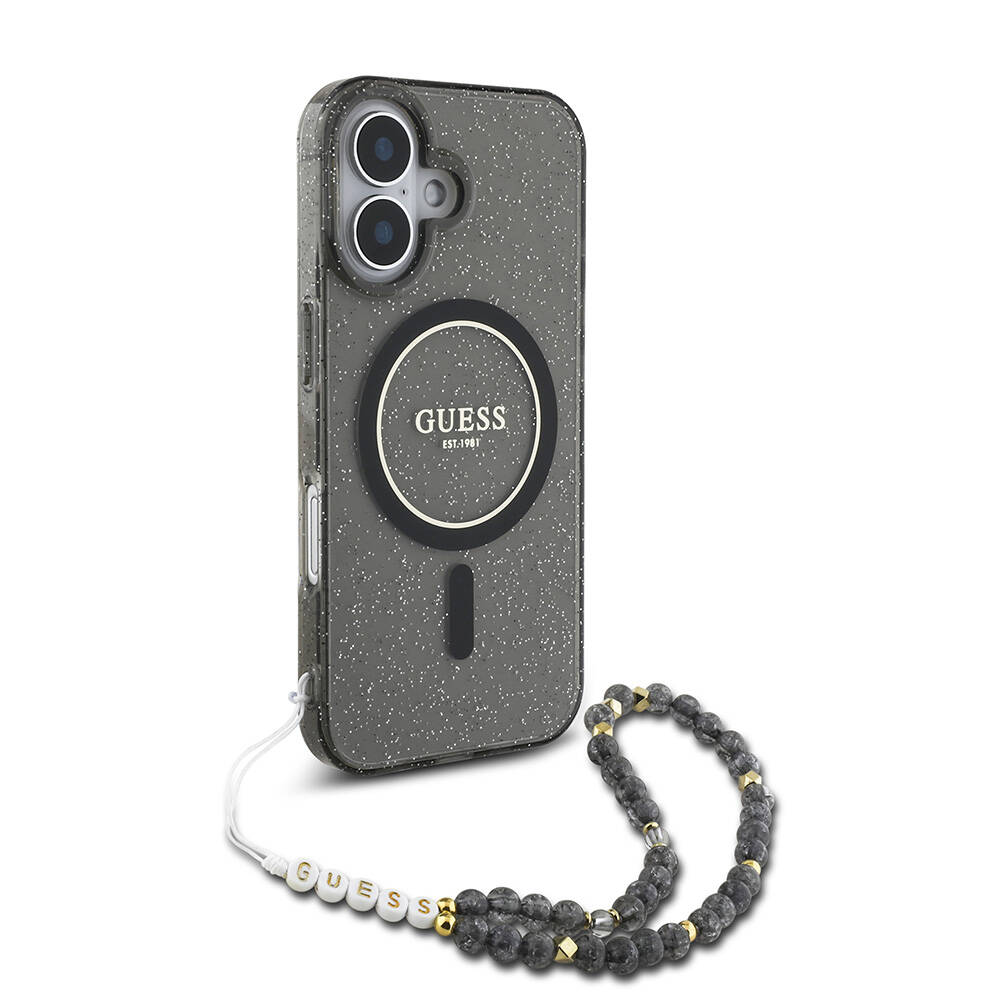Apple iPhone 16 Kılıf Guess Orjinal Lisanslı M-safe Şarj Özellikli Simli Silikon İnci Bileklikli Kapak