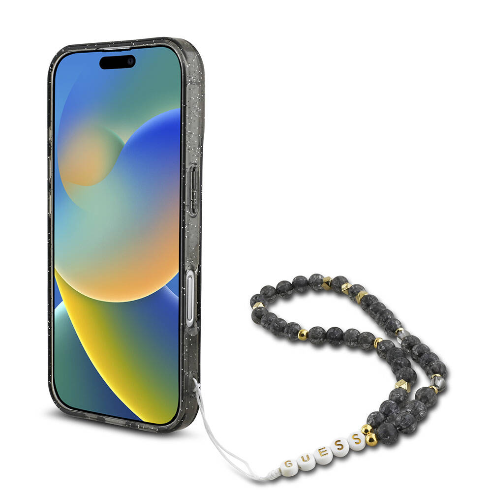Apple iPhone 16 Kılıf Guess Orjinal Lisanslı M-safe Şarj Özellikli Simli Silikon İnci Bileklikli Kapak