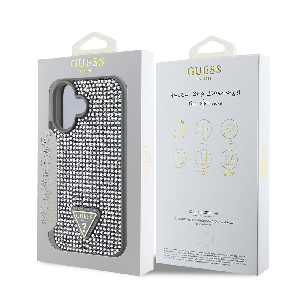 Apple iPhone 16 Kılıf Guess Orjinal Lisanslı Taşlı Arka Yüzey Üçgen Logolu Kapak