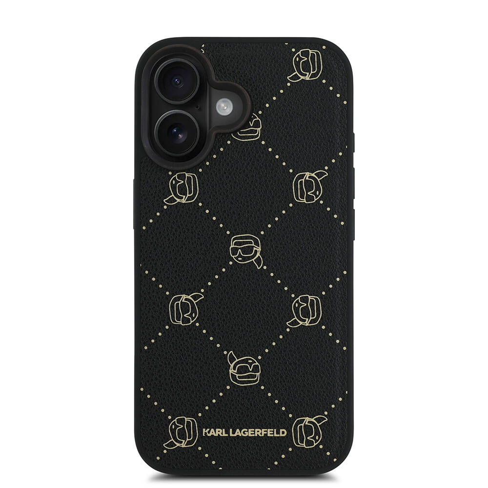 Apple iPhone 16 Kılıf Karl Lagerfeld Orjinal Lisanslı M-safe Şarj Özellikli PU Deri Karl Heads Desenli Klasik Logolu Kapak