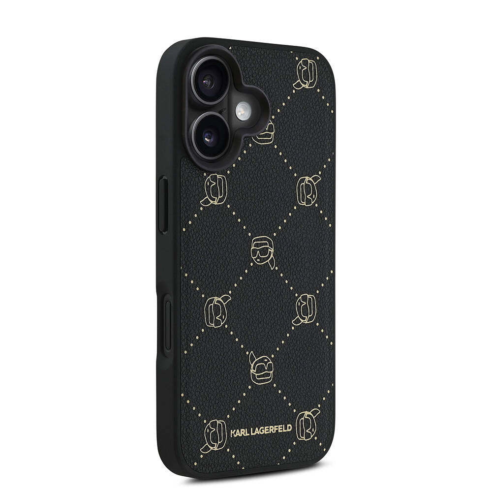 Apple iPhone 16 Kılıf Karl Lagerfeld Orjinal Lisanslı M-safe Şarj Özellikli PU Deri Karl Heads Desenli Klasik Logolu Kapak