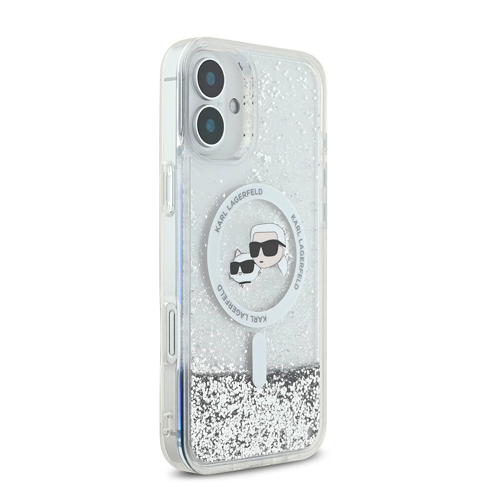Apple iPhone 16 Kılıf Karl Lagerfeld Orjinal Lisanslı M-safe Şarj Özellikli Sıvılı Simli K&C Heads Kapak
