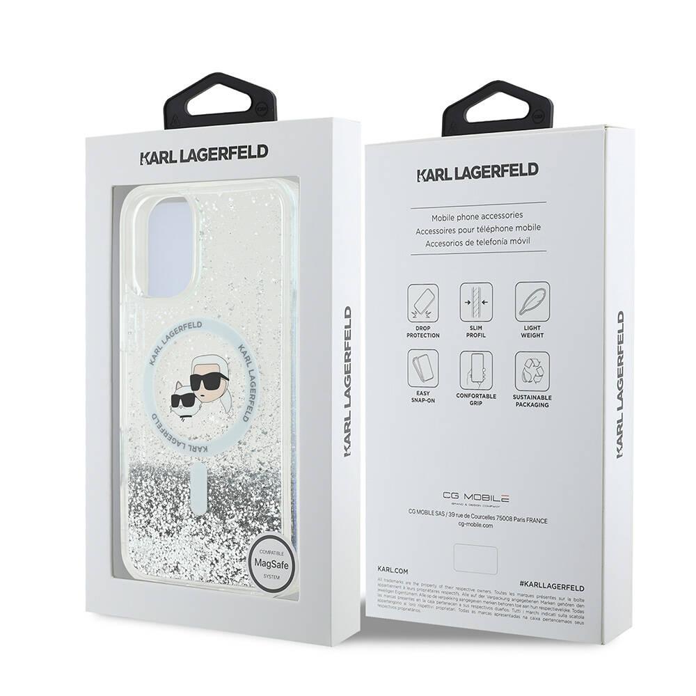 Apple iPhone 16 Kılıf Karl Lagerfeld Orjinal Lisanslı M-safe Şarj Özellikli Sıvılı Simli K&C Heads Kapak