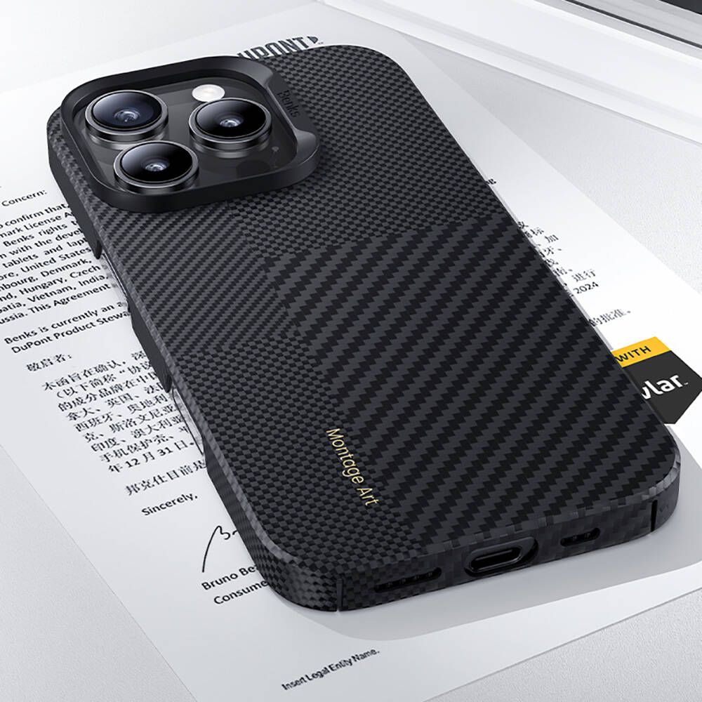 Apple iPhone 16 Kılıf M-safe Şarj Özellikli Karbon Fiber Benks Montage ArmorAir Kevlar Kapak