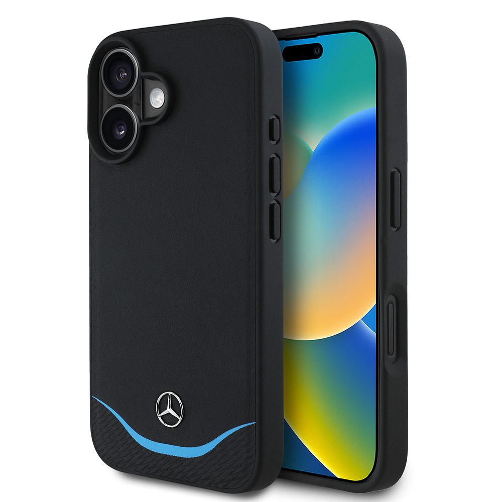Apple iPhone 16 Kılıf Mercedes Benz Orjinal Lisanslı M-safe Şarj Özellikli 3D Metal Logolu Mavi Yatay Eğri Çizgili Deri Kapak - Görsel 7