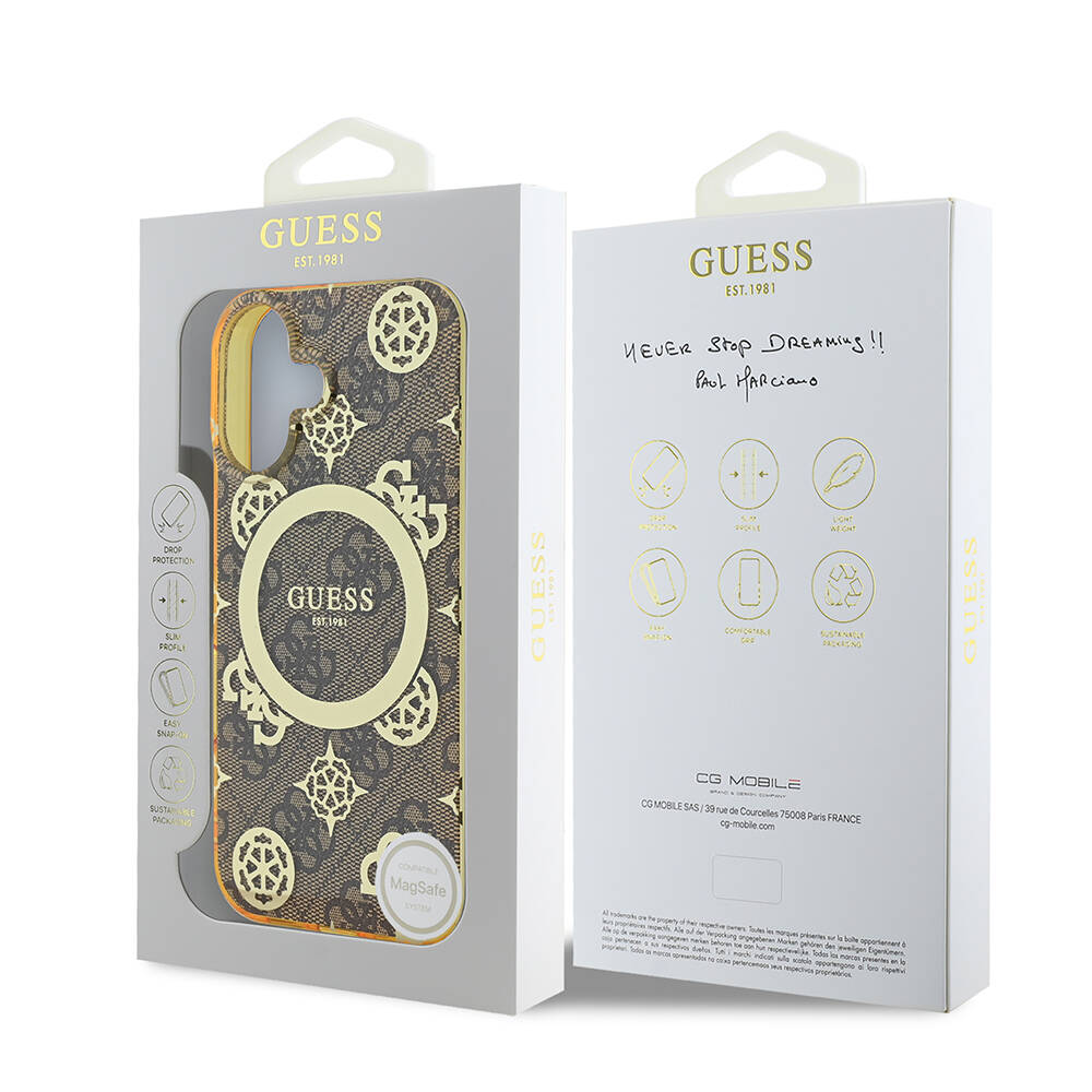 Apple iPhone 16 Plus Kılıf Guess Orjinal Lisanslı M-safe Şarj Özellikli 4G Desenli IML Yazı Logolu Peony Kapak