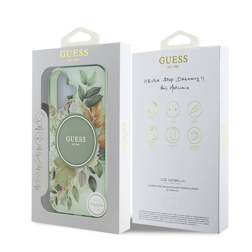 Apple iPhone 16 Plus Kılıf Guess Orjinal Lisanslı M-safe Şarj Özellikli IML Baskılı Yazı Logolu Flower Tonal Circle Kapak - Görsel 15