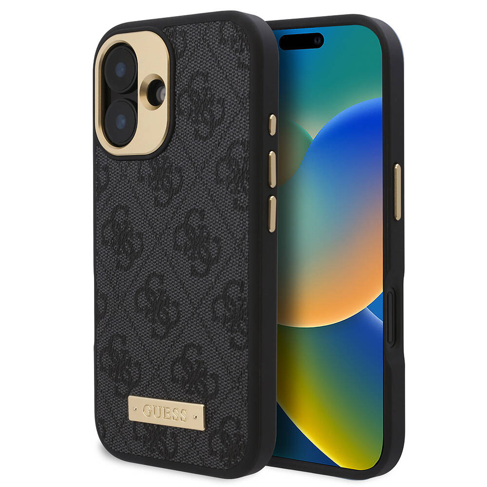 Apple iPhone 16 Plus Kılıf Guess Orjinal Lisanslı M-safe Şarj Özellikli PU 4G Desenli Metal Plaka Klasik Logolu Kapak