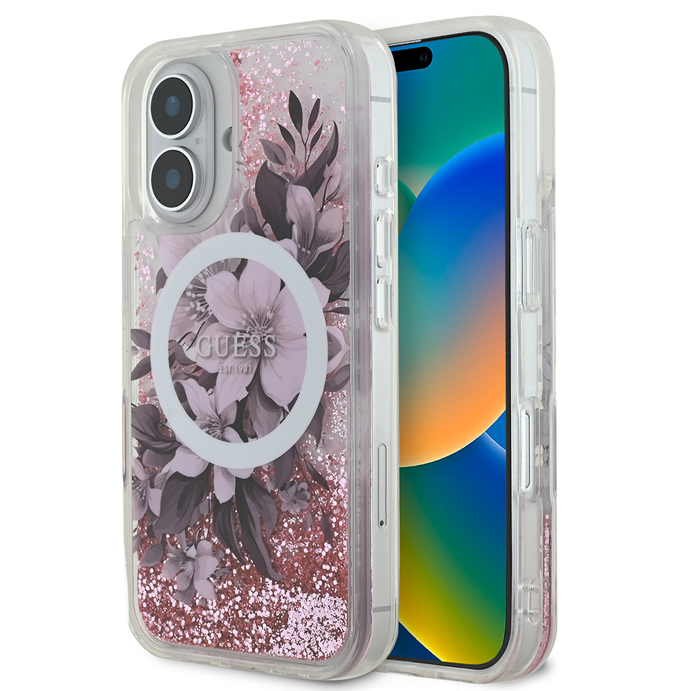 Apple iPhone 16 Plus Kılıf Guess Orjinal Lisanslı M-safe Şarj Özellikli Sıvılı Simli Çiçek Desenli Kapak