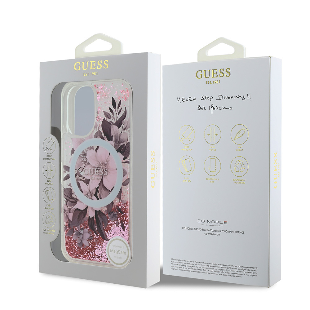 Apple iPhone 16 Plus Kılıf Guess Orjinal Lisanslı M-safe Şarj Özellikli Sıvılı Simli Çiçek Desenli Kapak - Görsel 8