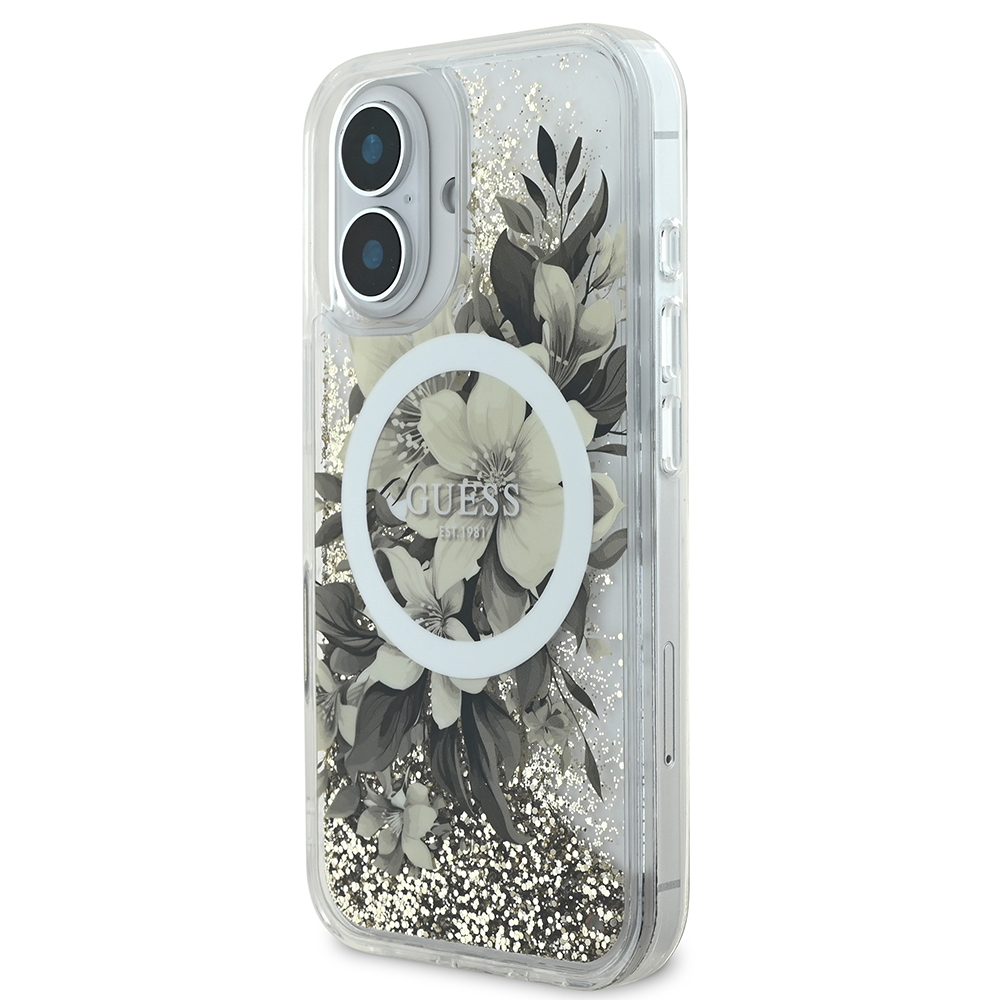 Apple iPhone 16 Plus Kılıf Guess Orjinal Lisanslı M-safe Şarj Özellikli Sıvılı Simli Çiçek Desenli Kapak - Görsel 9