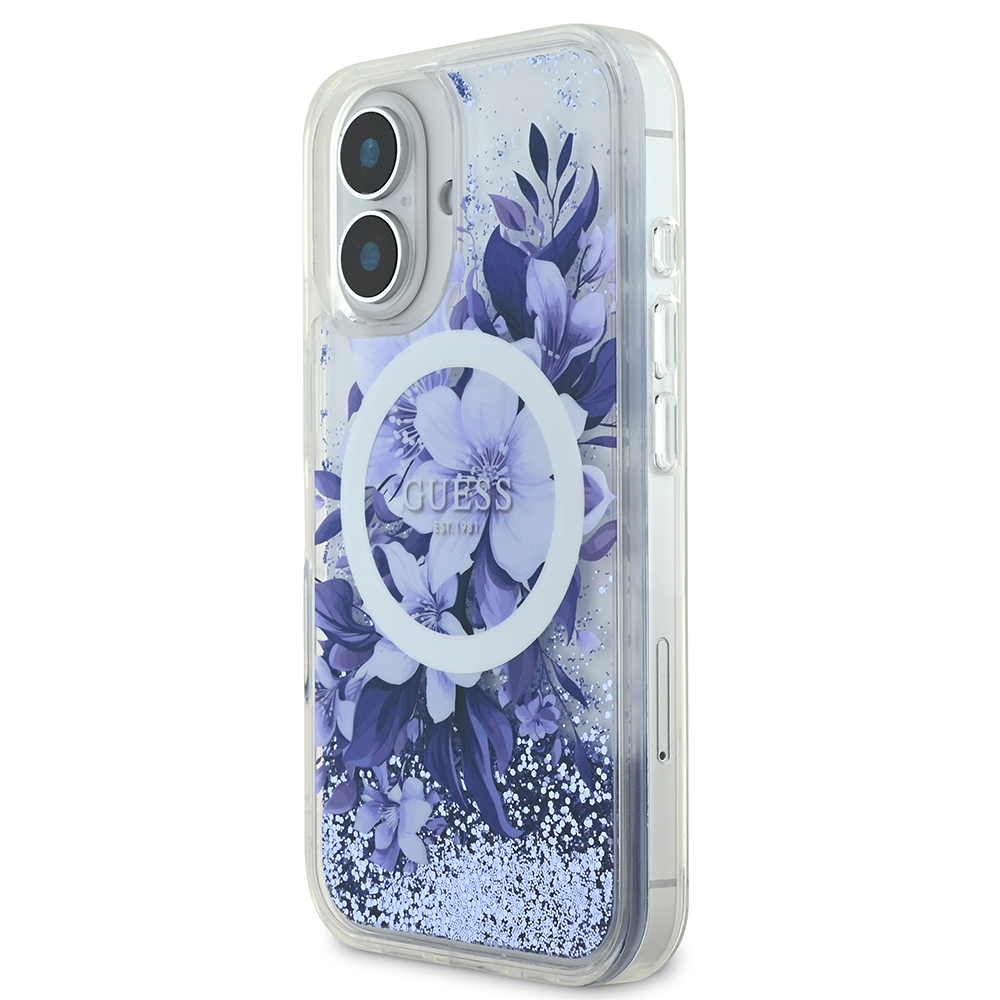 Apple iPhone 16 Plus Kılıf Guess Orjinal Lisanslı M-safe Şarj Özellikli Sıvılı Simli Çiçek Desenli Kapak - Görsel 16