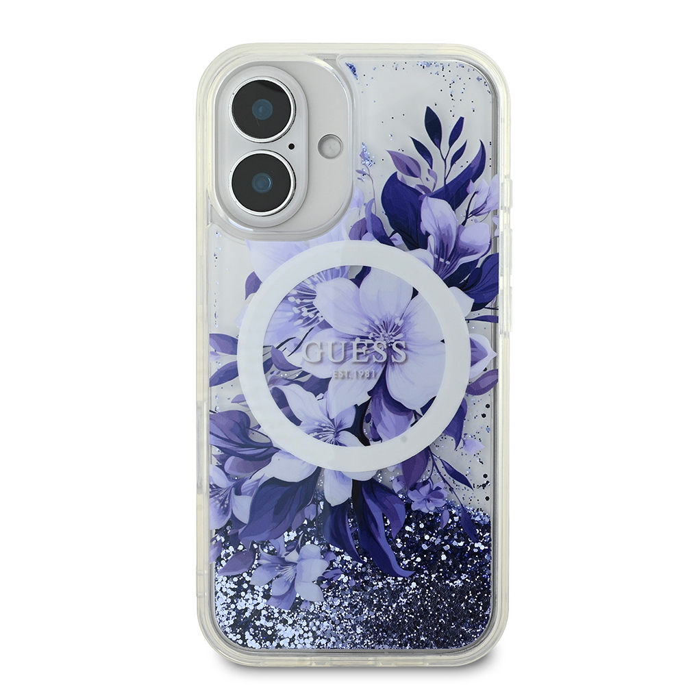 Apple iPhone 16 Plus Kılıf Guess Orjinal Lisanslı M-safe Şarj Özellikli Sıvılı Simli Çiçek Desenli Kapak - Görsel 17