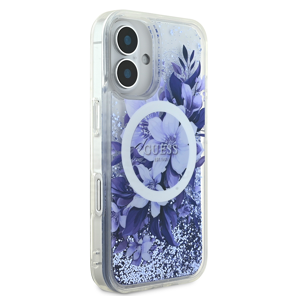 Apple iPhone 16 Plus Kılıf Guess Orjinal Lisanslı M-safe Şarj Özellikli Sıvılı Simli Çiçek Desenli Kapak - Görsel 18