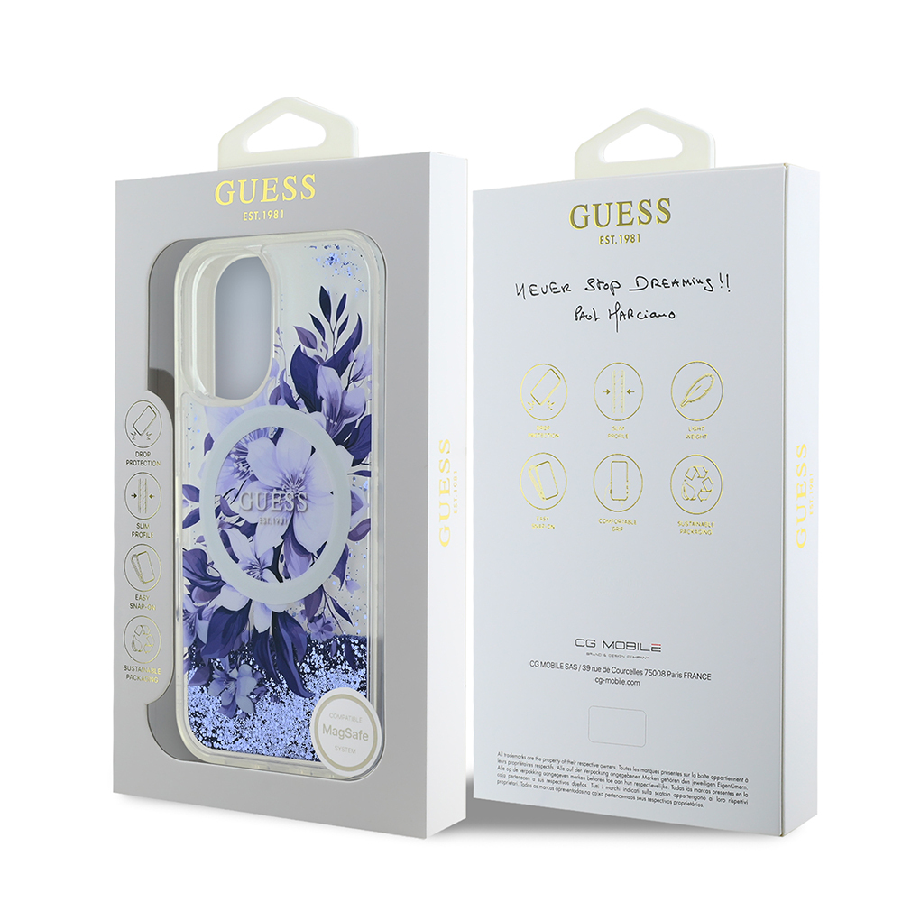 Apple iPhone 16 Plus Kılıf Guess Orjinal Lisanslı M-safe Şarj Özellikli Sıvılı Simli Çiçek Desenli Kapak - Görsel 22