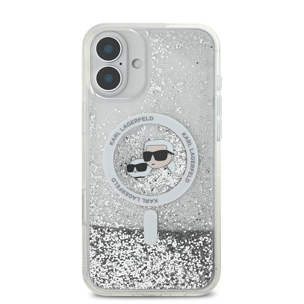 Apple iPhone 16 Plus Kılıf Karl Lagerfeld Orjinal Lisanslı M-safe Şarj Özellikli Sıvılı Simli K&C Heads Kapak