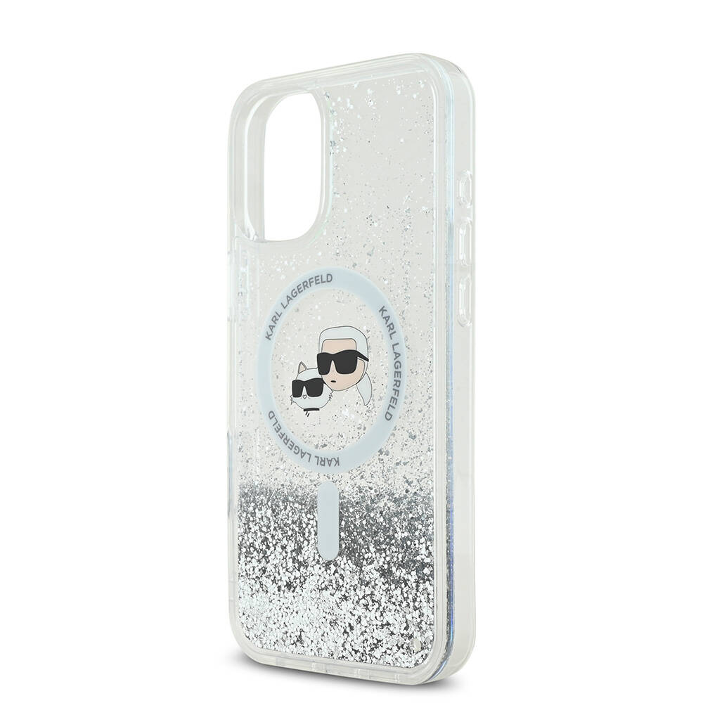 Apple iPhone 16 Plus Kılıf Karl Lagerfeld Orjinal Lisanslı M-safe Şarj Özellikli Sıvılı Simli K&C Heads Kapak