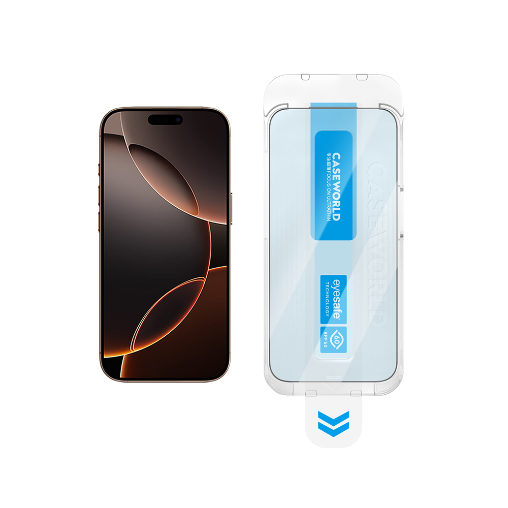 Apple iPhone 16 Pro CaseWorld Applicator Serisi 2.5D Eyesafe Mavi Işık Teknolojili 0.33mm Temperli Cam Ekran Koruyucu + Uygulama Aparatı