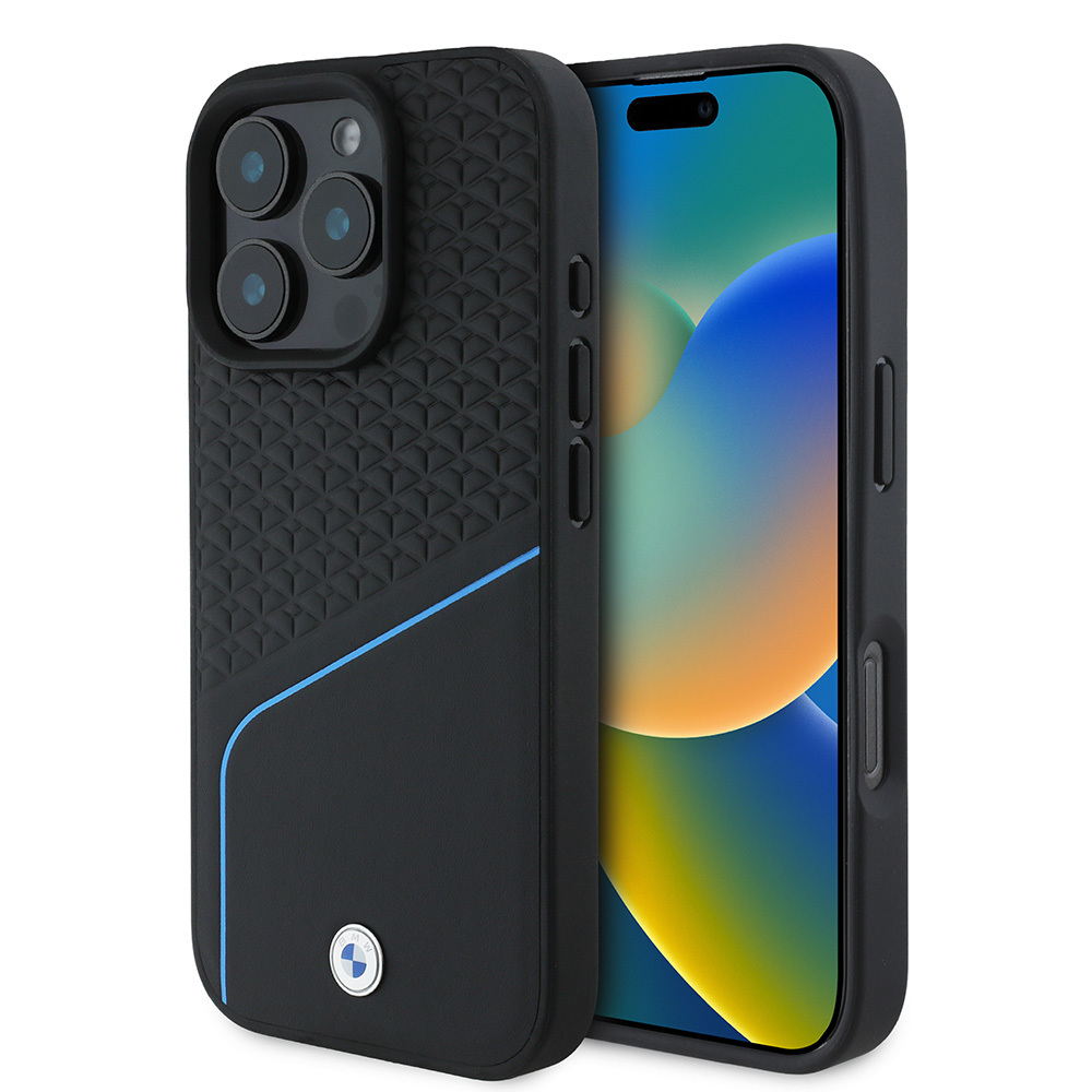 Apple iPhone 16 Pro Kılıf BMW Orjinal Lisanslı M-safe Şarj Özellikli Metal Logolu Dokulu ve Çizgili Deri Kapak