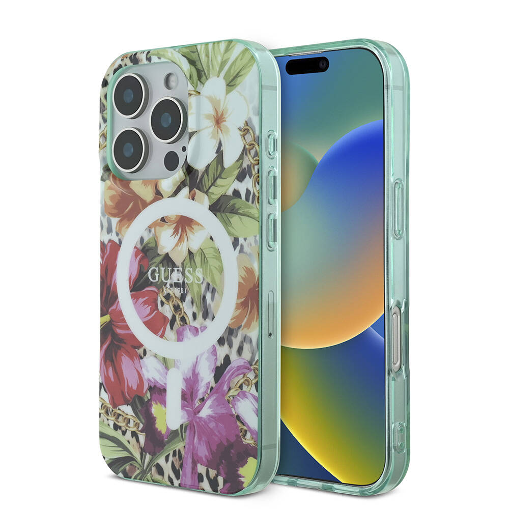 Apple iPhone 16 Pro Kılıf Guess Orjinal Lisanslı M-safe Şarj Özellikli IML Baskılı Jungle Ring Kapak