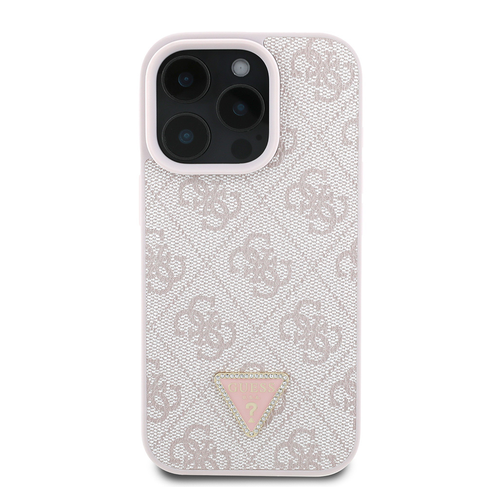 Apple iPhone 16 Pro Kılıf Guess Orjinal Lisanslı PU Deri Taşlı Üçgen Logo 4G Desenli Strass Kapak