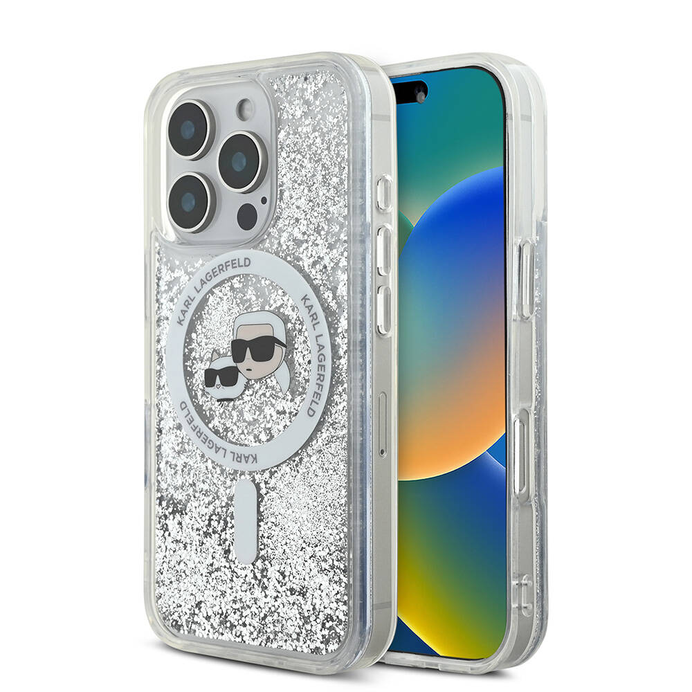 Apple iPhone 16 Pro Kılıf Karl Lagerfeld Orjinal Lisanslı M-safe Şarj Özellikli Sıvılı Simli KC Heads Kapak