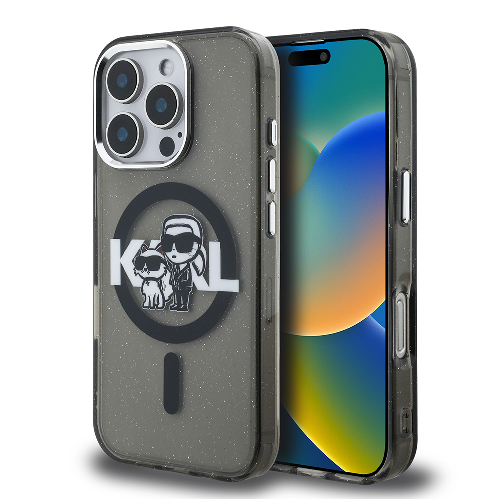 Apple iPhone 16 Pro Kılıf Karl Lagerfeld Orjinal Lisanslı Parlayan Simli Karl & Choupette Sketch Logo Kapak