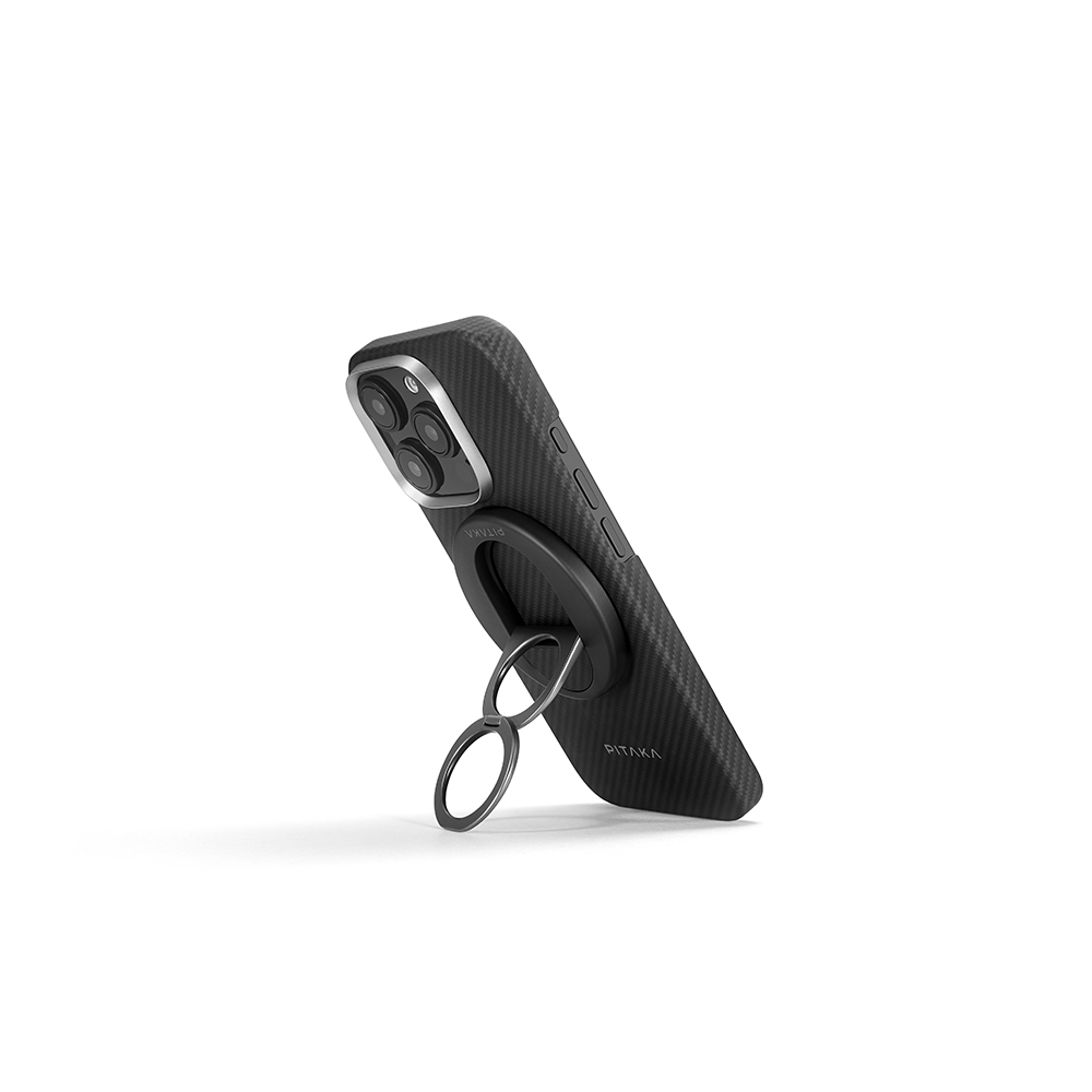 Apple iPhone 16 Pro Kılıf M-safe Şarj Özellikli Grip 3 Standlı 600D Aramid Fiber Pitaka Ultra-Slim Classic Serisi Black-Grey Twill Kapak - Görsel 2