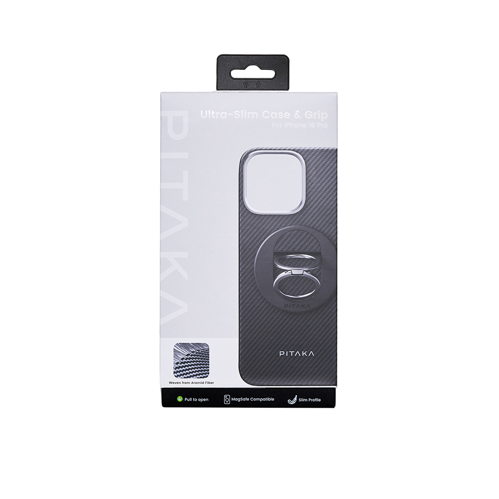 Apple iPhone 16 Pro Kılıf M-safe Şarj Özellikli Grip 3 Standlı 600D Aramid Fiber Pitaka Ultra-Slim Classic Serisi Black-Grey Twill Kapak - Görsel 3