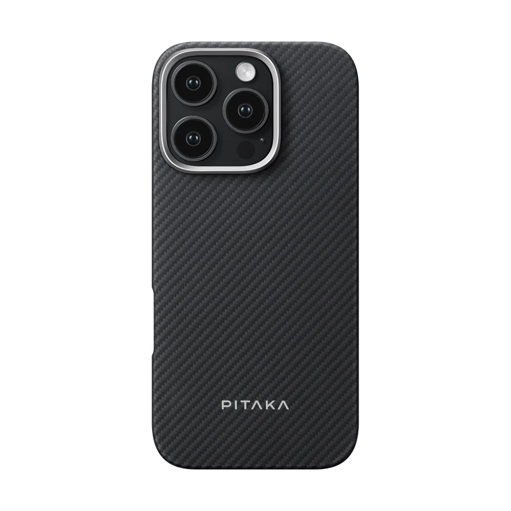 Apple iPhone 16 Pro Kılıf M-safe Şarj Özellikli 600D Aramid Fiber Pitaka Ultra-Slim Classic Serisi Black-Grey Twill Kapak