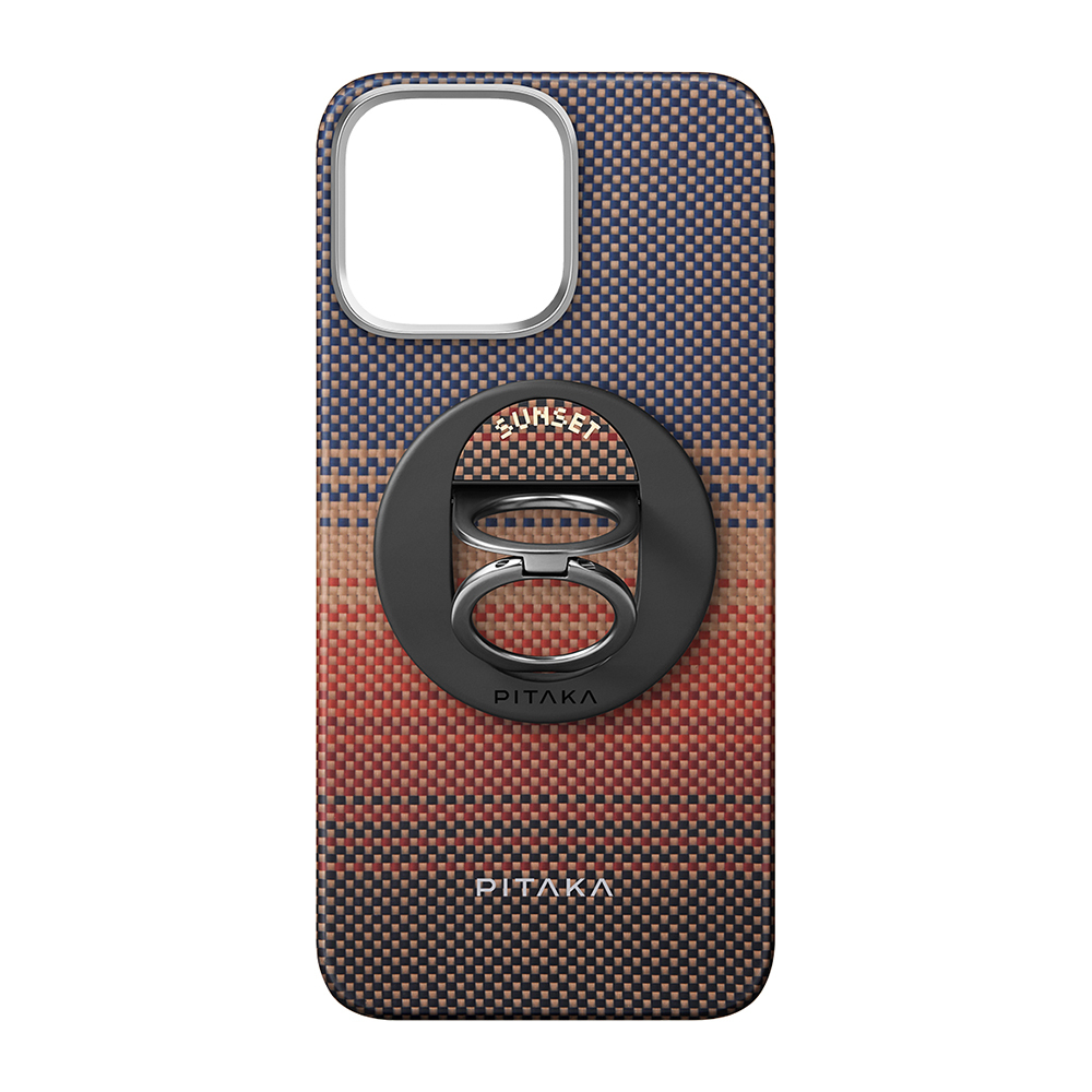 Apple iPhone 16 Pro Kılıf M-safe Şarj Özellikli Grip 3 Standlı Aramid Fiber Pitaka Tactile Woven Sunset-Moonrise Serisi Sunset Kapak - Görsel 2