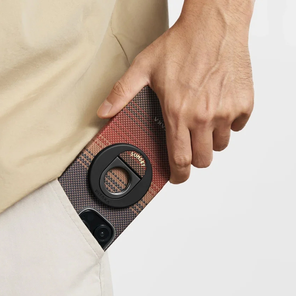 Apple iPhone 16 Pro Kılıf M-safe Şarj Özellikli Grip 3 Standlı Aramid Fiber Pitaka Tactile Woven Sunset-Moonrise Serisi Sunset Kapak - Görsel 7