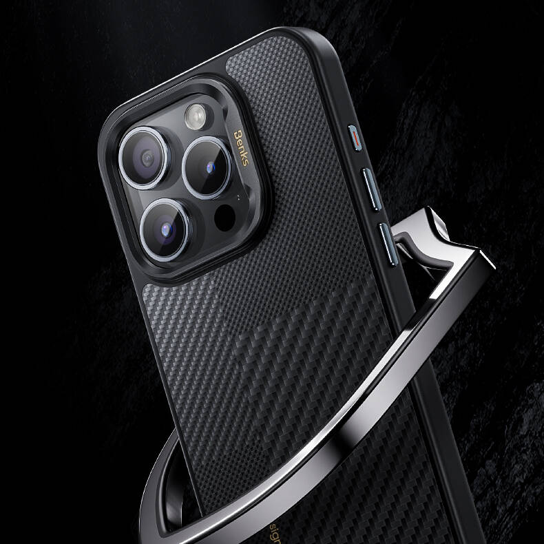 Apple iPhone 16 Pro Kılıf M-safe Şarj Özellikli Karbon Fiber Benks Montage Hybrid ArmorPro Kevlar Kapak