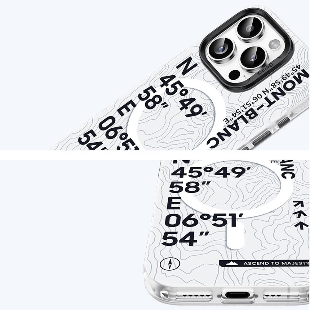 Apple iPhone 16 Pro Kılıf M-safe Şarj Özellikli Koordinat Yazı Desenli Benks Summit Serisi Kapak