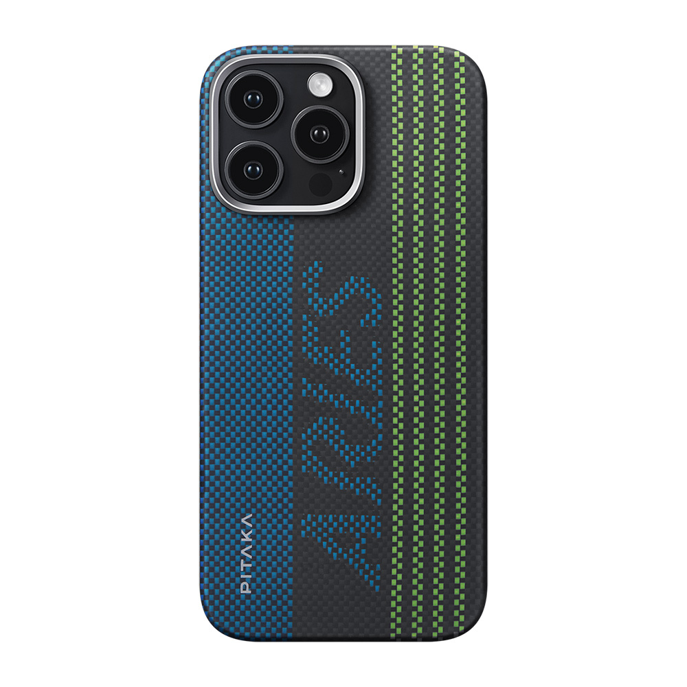 Apple iPhone 16 Pro Kılıf M-safe Şarj Özellikli Lumintex Teknolojili Fosforlu Aramid Fiber Pitaka Tactile Woven Aries Serisi Credit Card Kapak