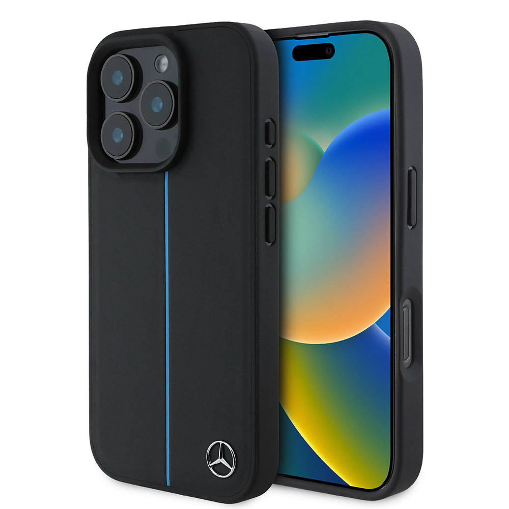Apple iPhone 16 Pro Kılıf Mercedes Benz Orjinal Lisanslı M-safe Şarj Özellikli Metal Yıldız Logolu Mavi Çizgili Deri Kapak