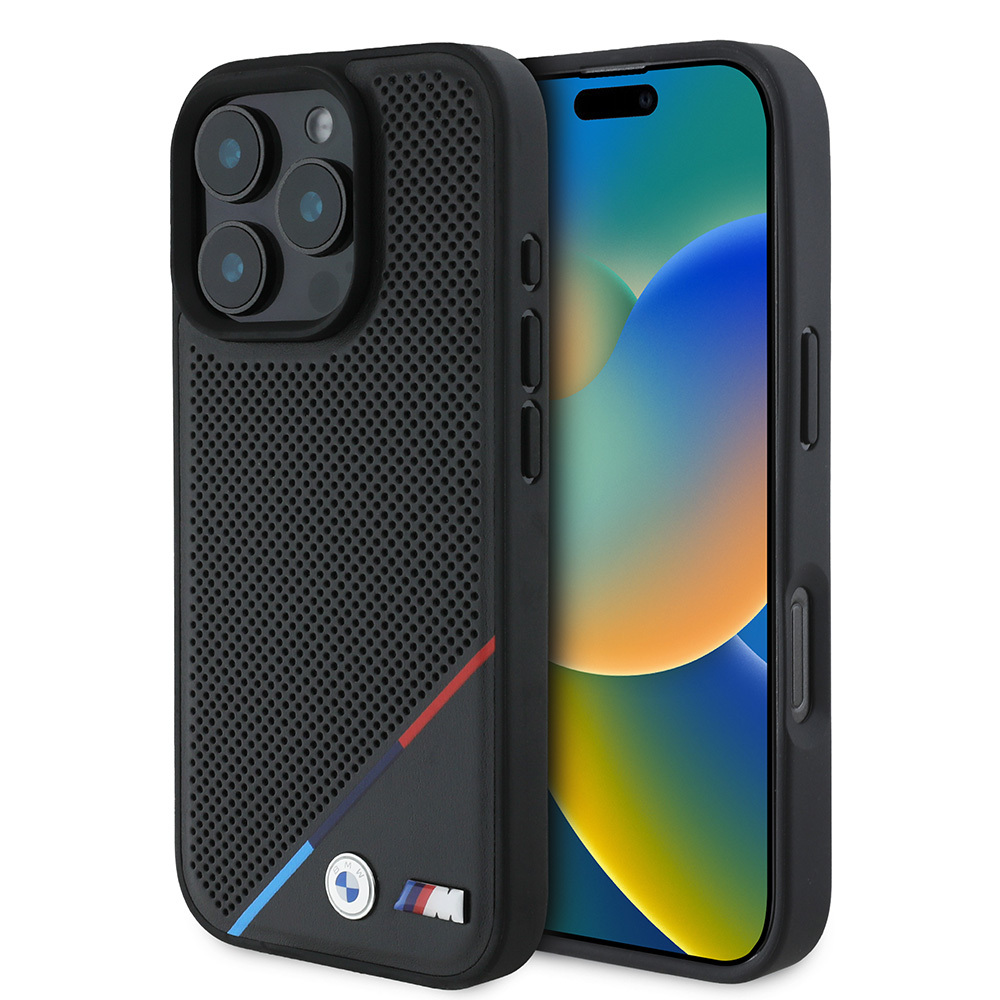 Apple iPhone 16 Pro Max Kılıf BMW Orjinal Lisanslı M-safe Şarj Özellikli M Logolu Üç Çizgili Delikli Deri Kapak