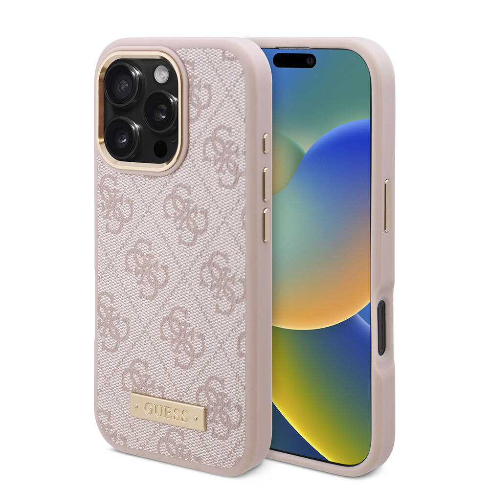Apple iPhone 16 Pro Max Kılıf Guess Orjinal Lisanslı M-safe Şarj Özellikli 4G Desenli PU Metal Plaka Klasik Logolu Kapak