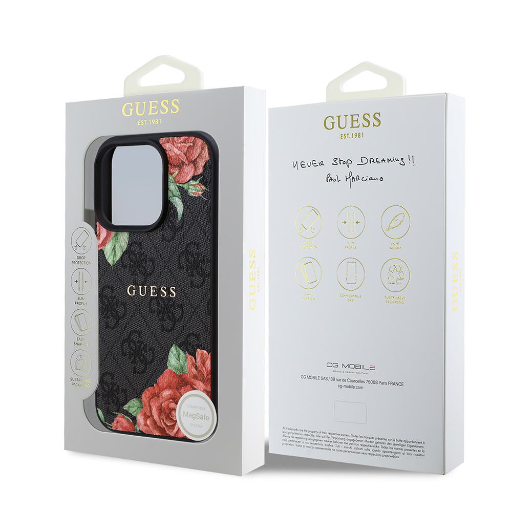 Apple iPhone 16 Pro Max Kılıf Guess Orjinal Lisanslı M-safe Şarj Özellikli Gül Baskılı 4G Desenli Yazı Logolu Kapak - Görsel 8