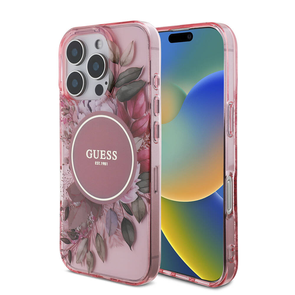 Apple iPhone 16 Pro Max Kılıf Guess Orjinal Lisanslı M-safe Şarj Özellikli IML Baskılı Çiçek İnci Bileklikli Kapak