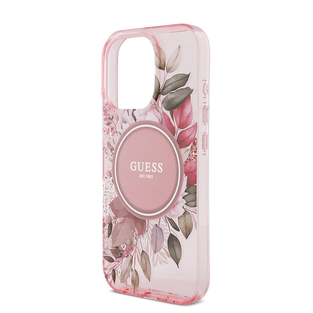 Apple iPhone 16 Pro Max Kılıf Guess Orjinal Lisanslı M-safe Şarj Özellikli IML Baskılı Çiçek İnci Bileklikli Kapak