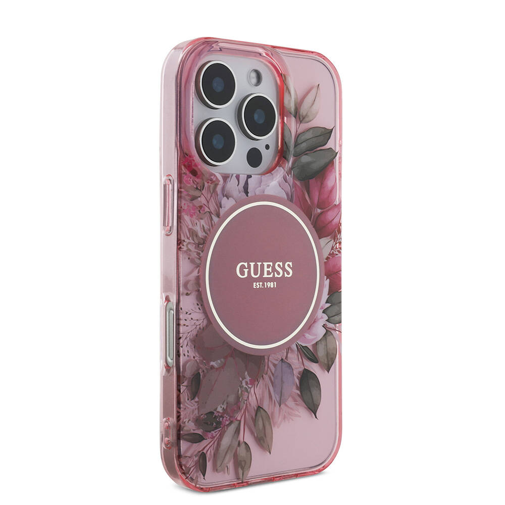Apple iPhone 16 Pro Max Kılıf Guess Orjinal Lisanslı M-safe Şarj Özellikli IML Baskılı Çiçek İnci Bileklikli Kapak