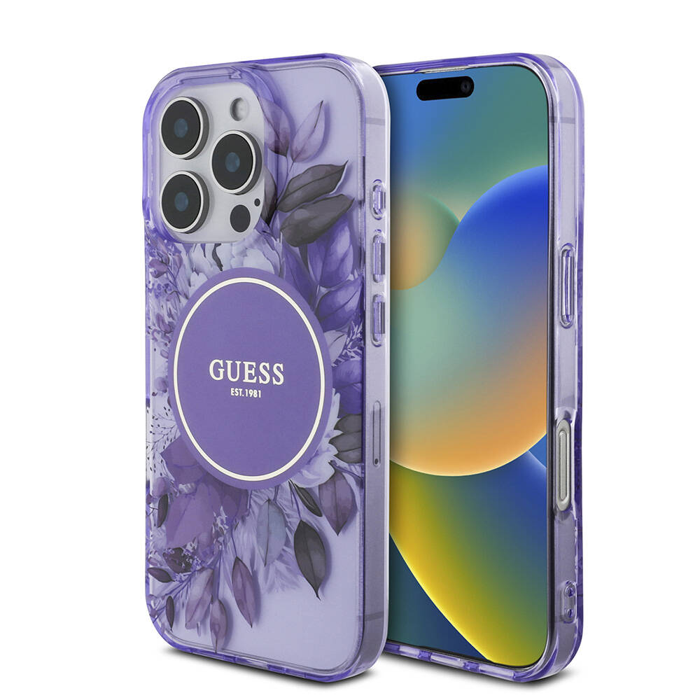 Apple iPhone 16 Pro Max Kılıf Guess Orjinal Lisanslı M-safe Şarj Özellikli IML Baskılı Çiçek İnci Bileklikli Kapak